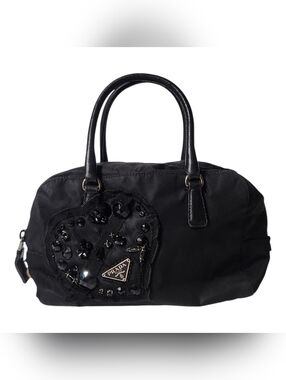 Vintage Prada Evening Heart Tessuto Nylon Nero Black Beaded Mini Handbag
